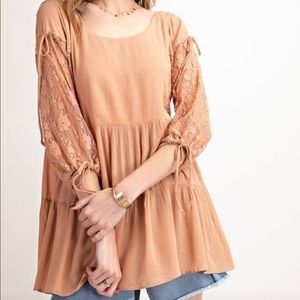 Easel Peach and Lace Top Tunic Shirt Large New